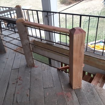 Anthony Walters Carpentry - This is a handrail i previously built and now extended made of 6x6 ceder post 5/8 inch rebar - Handyman Near Me