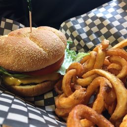 Cheeseburger and curly fries Cheeseburger and curly fries