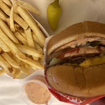 In-N-Out Burger - The works. Animal style burger, extra spread, well done fries and banana peppers - Burgers Near Me - Westminster, California In-N-Out Burger - The works. Animal style burger, extra spread, well done fries and banana peppers - Burgers Near Me - Westminster, California