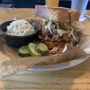 Smokejack BBQ - Pulled Pork Sandwich with Potato Salad w/ Bacon - Barbeque Near Me - Alpharetta, Georgia