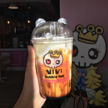 Vivi Bubble Tea - the brown sugar comes in this standard kitty cup cus you can pop the torched sugar (2019) - Bubble Tea Near Me - Columbus, Ohio