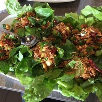 Maenam Lao & Thai - Rice Ball Salad (Nam Khao) - "Crunchy marinated rice salad with sour pork, roasted peanuts and herbs served on lettuce and betel leaves" - Thai Near Me - Strathfield, NSW