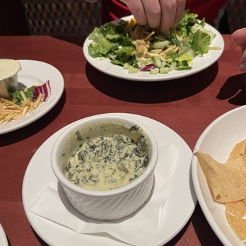 Aubrey's - Strawberry Plains - Spinach dip (beware-it's spicy!) and side salad.   Chips were delicious! - Salad Near Me - Knoxville, Tennessee