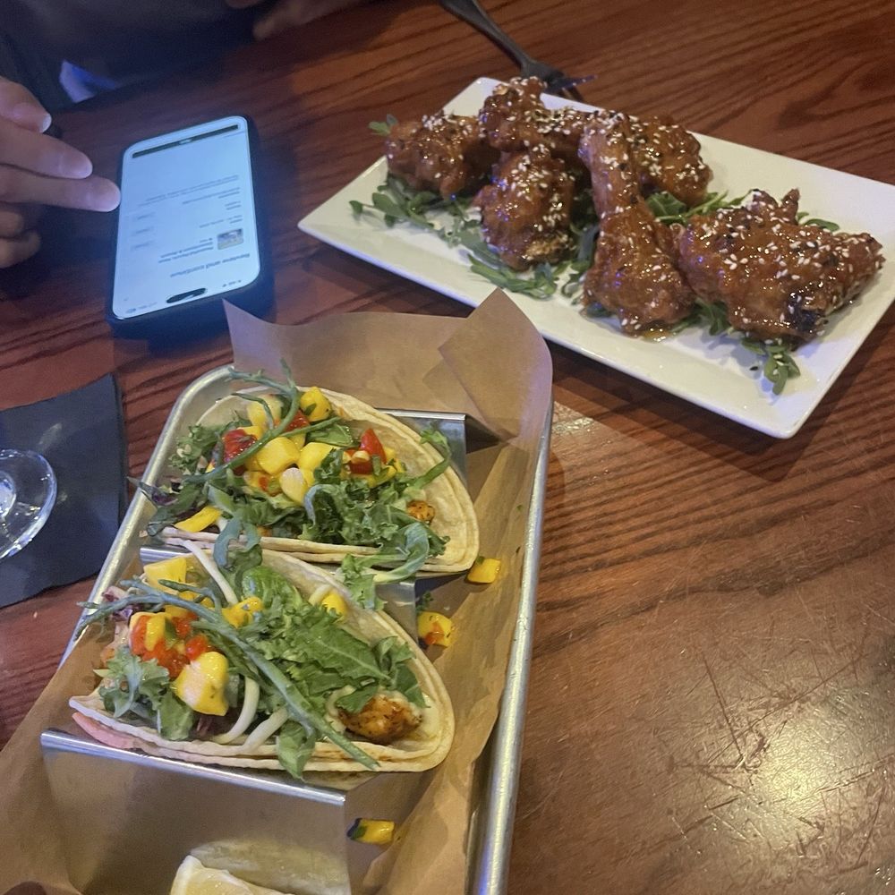Ocean 302 - fish tacos (from happy hour menu) and sticky duck with orange thai chili sauce (from regular menu) - New American Near Me - Melbourne Beach, Florida Ocean 302 - fish tacos (from happy hour menu) and sticky duck with orange thai chili sauce (from regular menu) - New American Near Me - Melbourne Beach, Florida