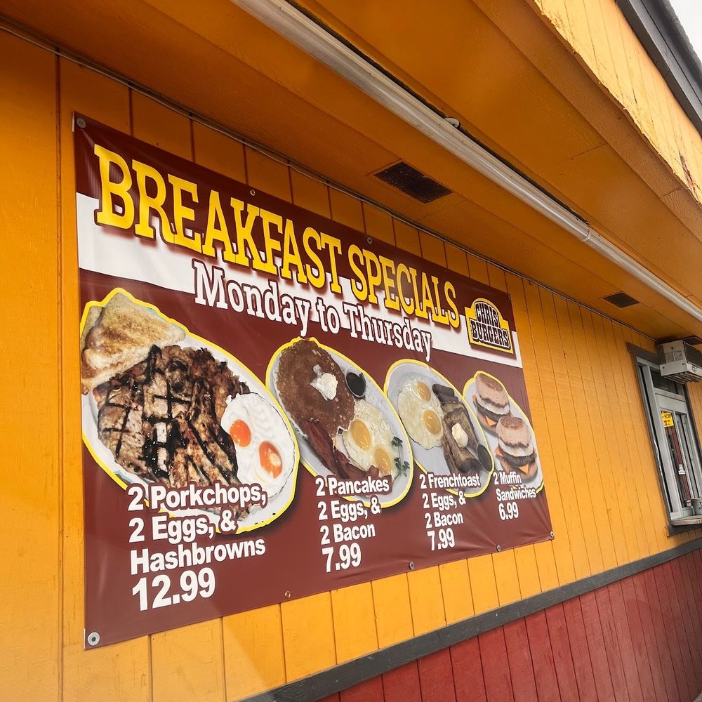 Chris Burgers - breakfast specials on the side of the building - Burgers Near Me - Winchester, California Chris Burgers - breakfast specials on the side of the building - Burgers Near Me - Winchester, California