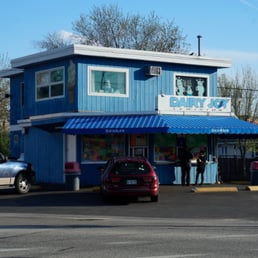 a blue building with a blue awning