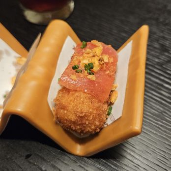 Teleferic Barcelona - Crab Croquetas - croquetas topped with tuna sashimi and spicy aioli - Spanish Near Me - Long Beach, California Teleferic Barcelona - Crab Croquetas - croquetas topped with tuna sashimi and spicy aioli - Spanish Near Me - Long Beach, California