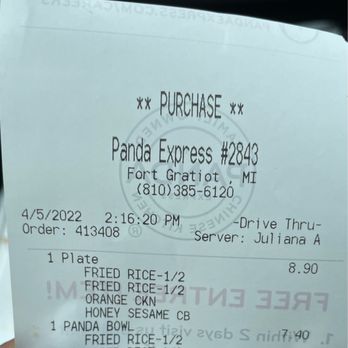 Panda Express - Receipt for proof of purchase from this location. - Chinese Near Me - Fort Gratiot, Michigan Panda Express - Receipt for proof of purchase from this location. - Chinese Near Me - Fort Gratiot, Michigan