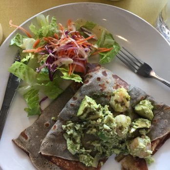 Blossom Bee - Gluten Free Seafood Stromboli. It's got crab, shrimp, avocado, cream cheese, mozzarella, parmesan, pesto. All crepes can be made gluten free - Creperies Near Me - Dublin, California