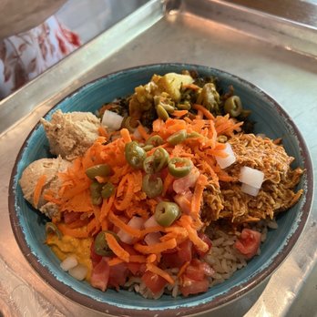 Rice Mediterranean Kitchen - Build Your Own Bowl (brown rice, hummus, carrot tahini, chicken, veggies, carrots, onions, tomatoes, olives) - Mediterranean Near Me - Coral Gables, Florida Rice Mediterranean Kitchen - Build Your Own Bowl (brown rice, hummus, carrot tahini, chicken, veggies, carrots, onions, tomatoes, olives) - Mediterranean Near Me - Coral Gables, Florida