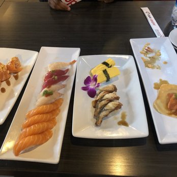 RYU SUSHI - 6th street,Salmon nigiri, tilapia nigiri, bluefin tuna nigiri and sweet shrimp nigiri. Eel nigiri, tamago, sushi boat - Sushi Bars Near Me - Temecula, California
