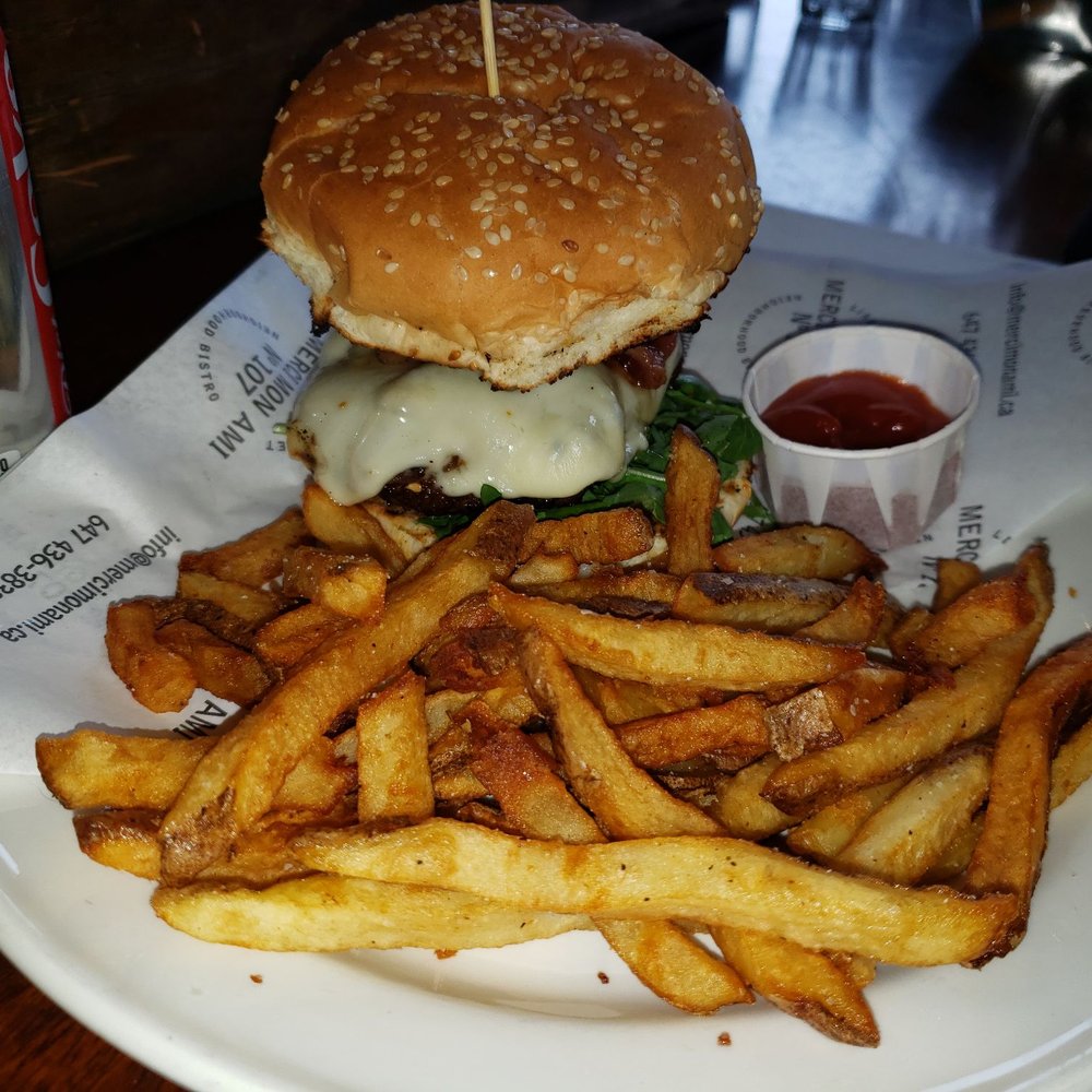 Special of the day, burger and side of fries.