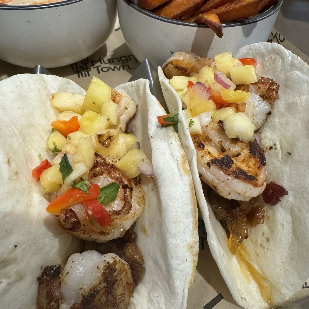 Shrimp Tacos, Tomato Bisque, Sweet Potato Fries Shrimp Tacos, Tomato Bisque, Sweet Potato Fries