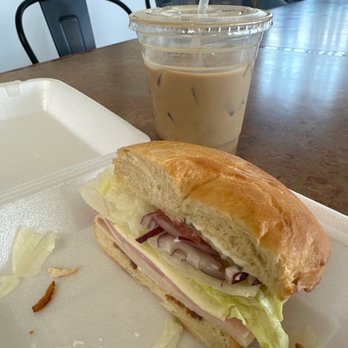 Sovanna's Donuts - #31 - club sandwich on bagel & an iced coffee - Donuts Near Me - Gustine, California