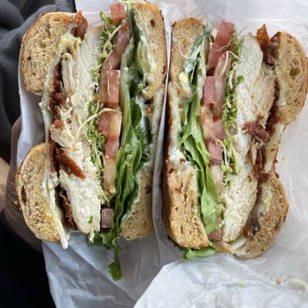 Sunrise Bagels Cafe - Chicken supreme sandwich on a garlic Parmesan bagel - Bagels Near Me - Concord, California