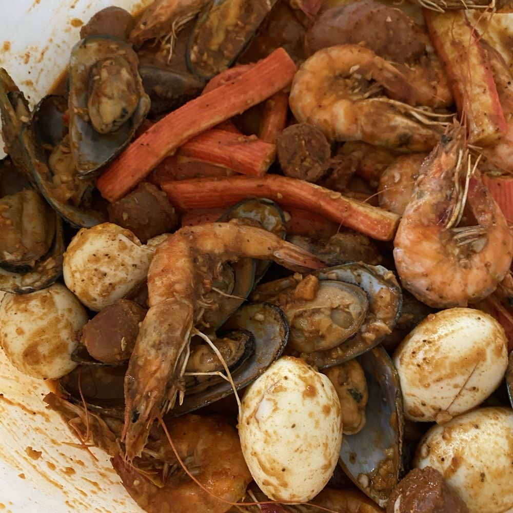 Allsome Sauce in medium with Muscles, shrimp, potatoes and sausage. We added our own eggs and imitation crabs for the kids. Allsome Sauce in medium with Muscles, shrimp, potatoes and sausage. We added our own eggs and imitation crabs for the kids.