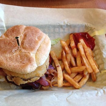 Loaded Cafe - Long Beach - The Crunchy (Crispy) Burger. Onion rings, bacon with BBQ Sauce. Trust me there were more fries on here. - American Near Me - Long Beach, California