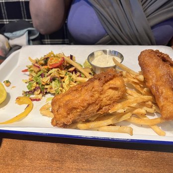 Reunion Kitchen + Drink - Fish and chips-nice batter with a nice peanut thai side salad. - New American Near Me - Corona, California Reunion Kitchen + Drink - Fish and chips-nice batter with a nice peanut thai side salad. - New American Near Me - Corona, California