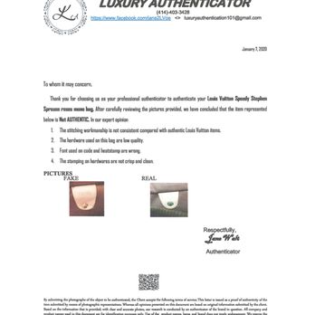 Savvy Consignment Boutique - A letter from a luxury authentication service, dated January 7, 2020, discusses the authentication of a Louis Vuitton Speedy bag. It includes a logo, contact information, and a QR code. The letter states that the bag is not authentic based on stitching, hardware quality, font, and hardware stamping. Two images are provided: one labeled 'FAKE' showing inferior hardware, and the other labeled 'REAL' showing authentic hardware. The document emphasizes the importance of accurate hardware details for authentication. - Thrift Stores Near Me - Brandon, Florida