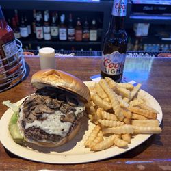 Scoreboard Bar & Grill - Mushroom and Swiss Burger.