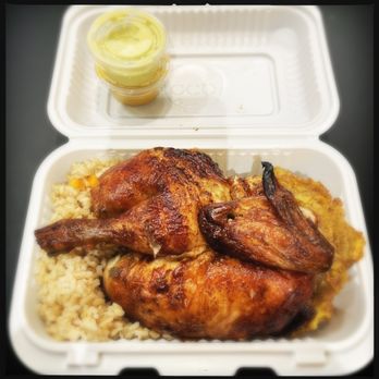 Chirp - 1/2 rotisserie chicken combo + 2 sides of your choice (brown rice and tostones here) - Peruvian Near Me - New York, New York