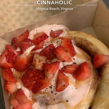 Cinnaholic - Cinnamon Roll with Strawberry icing and strawberry topping, caramel sauce and coffee dust - Bakeries Near Me - Virginia Beach, Virginia Cinnaholic - Cinnamon Roll with Strawberry icing and strawberry topping, caramel sauce and coffee dust - Bakeries Near Me - Virginia Beach, Virginia