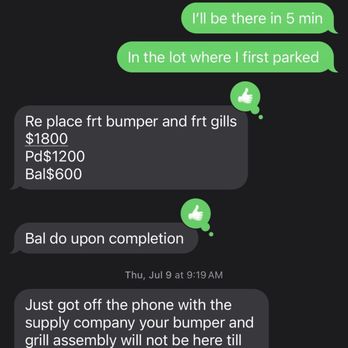 Kerry's Collision Center - Text from manager confirming that I paid him. - Auto Repair Near Me - Chicago, Illinois