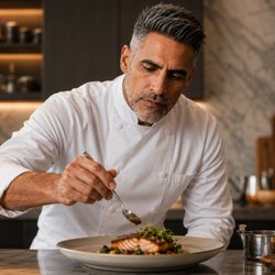 Chef James McElwain - Plating a healthy salmon and roasted vegetable dish.