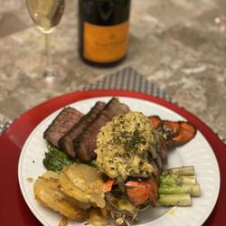 Barbecue Everything - Birthday Dinner (Tomahawk Steak, Stuffed Lobster Tail w/ Lump Crab Meat, Scallop Potatoes, Roasted Asparagus & Champagne)