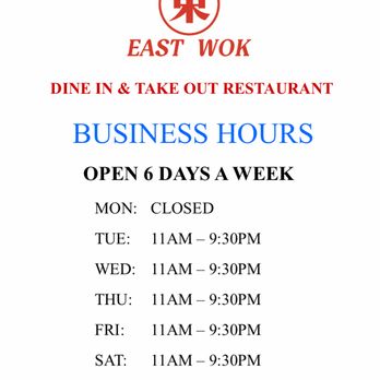East Wok - Dine in & Take out Chinese Restaurant. Open 6 days a week, Tue to Sun from 11am to 9:30pm, closed every Monday. Served Lunch and Dinner. - Chinese Near Me - Jesup, Georgia East Wok - Dine in & Take out Chinese Restaurant. Open 6 days a week, Tue to Sun from 11am to 9:30pm, closed every Monday. Served Lunch and Dinner. - Chinese Near Me - Jesup, Georgia