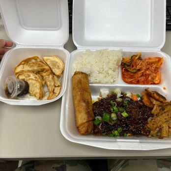 Myung Ga Won - Spicy Pork Bulgogi Lunch Plate + Pan fried fried dumplings lunch portion - Korean Near Me - San Antonio, Texas