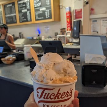 Tucker's Ice Cream - Double junior scoop of toasted almond and pumpkin cheesecake - Ice Cream & Frozen Yogurt Near Me - Alameda, California Tucker's Ice Cream - Double junior scoop of toasted almond and pumpkin cheesecake - Ice Cream & Frozen Yogurt Near Me - Alameda, California