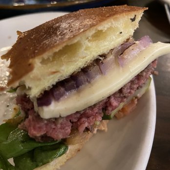 Eureka! - Requested medium well - no pink, and it came back medium and was warm.  You can see the cheese didn't even melt. - American Near Me - Cupertino, California