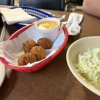 Jordan's Fish Camp - Hush puppies and cheese sauce - Seafood Near Me - State Line, Mississippi Jordan's Fish Camp - Hush puppies and cheese sauce - Seafood Near Me - State Line, Mississippi