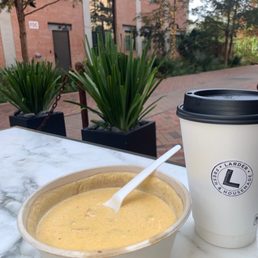 Latte and butternut squash soup on the patio Latte and butternut squash soup on the patio