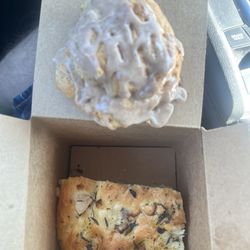 The Honey Bean Bakery & Coffee Shop - Peach scone and garlic onion dill focaccia.