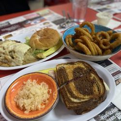 Uncle Mike’s Diner - Reuben (sauerkraut on the side), French onion burger, and onion rings