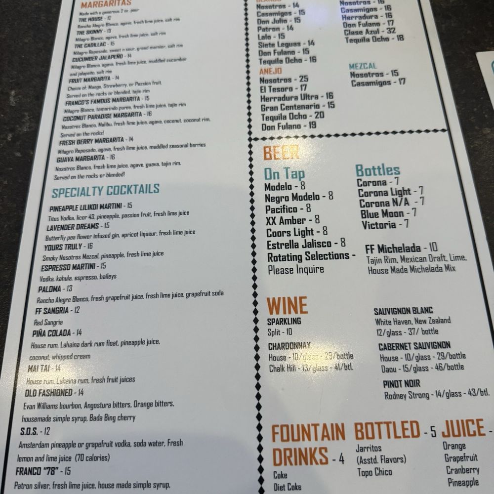 Franco's Famous - Cocktail menu - Wine Bars Near Me - Ladera Ranch, California
