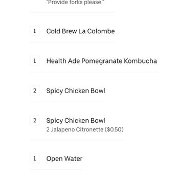 Avo - A screenshot of an UberEats order receipt displays an estimated delivery time of 12:13 PM. The order includes items such as salmon goddess plate, cold brew La Colombe, health ade pomegranate kombucha, spicy chicken bowls, open water, and ginger lemon kombucha. The total cost is $88.81. The receipt shows the customer's name, Cynthia T., and the order details, with some items listed multiple times and specific notes like 'Provide forks please' and a jalapeno citronette for the spicy chicken bowls. - Sandwiches Near Me - Brooklyn, New York