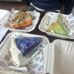 taro salted egg cheesecake, butterfly pea jelly cake, coconut pandan cake