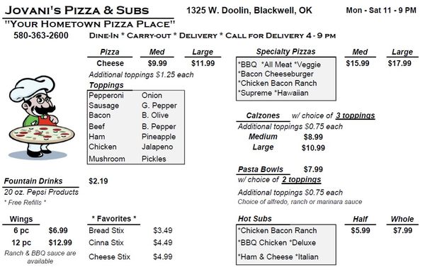 Menu photo 1 Jovani's Pizza & Subs Blackwell, OK