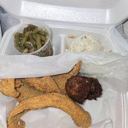 Whole Hog Cafe - Catfish, two hushpuppies, smoked green beans, and potato salad!