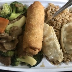 Colala Express - Beef broccoli combo - came with two fried dumplings and I ordered an egg roll to go with it.