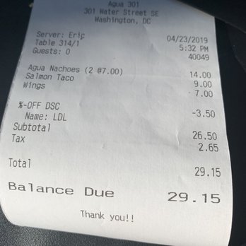 Agua 301 - The receipt shows the 50% off of the nachos that we ordered. - Mexican Near Me - Washington, DC, District of Columbia