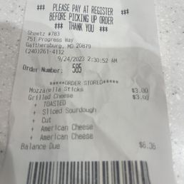 a receipt for a restaurant