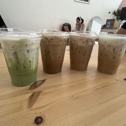 Matcha latte , double trouble espresso latte , arroz con leche latte & a latte with vanilla