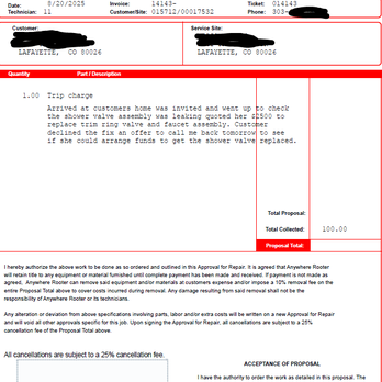 Anywhere Rooter - This is what Anywhere Rooter calls an "ESTIMATE" no stated amount so they can charge whatever they want at the end. - Plumbing Near Me - Aurora, Colorado