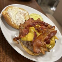 Connie's Restaurant - Bacon Cheeseburger with fried onions and mayo