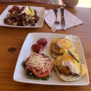 The Epic Palate - Crab Benedict with a side of tomato florentine - the back plate is corned beef hash with a poached egg - American Near Me - Tubac, Arizona The Epic Palate - Crab Benedict with a side of tomato florentine - the back plate is corned beef hash with a poached egg - American Near Me - Tubac, Arizona