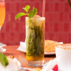 Mango Puree, Housemade rice milk, Asha Matcha!